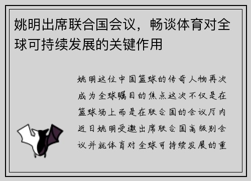 姚明出席联合国会议，畅谈体育对全球可持续发展的关键作用
