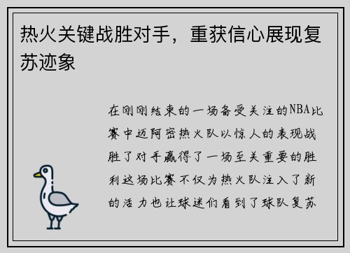 热火关键战胜对手，重获信心展现复苏迹象