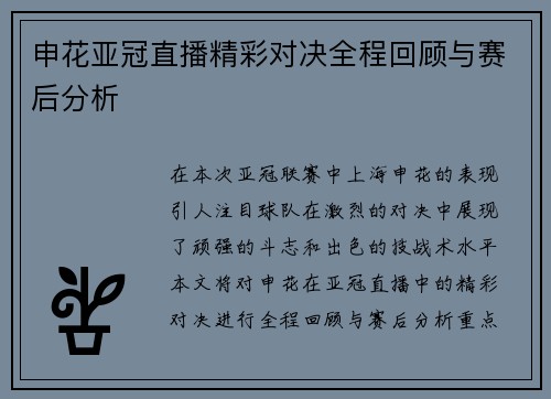 申花亚冠直播精彩对决全程回顾与赛后分析
